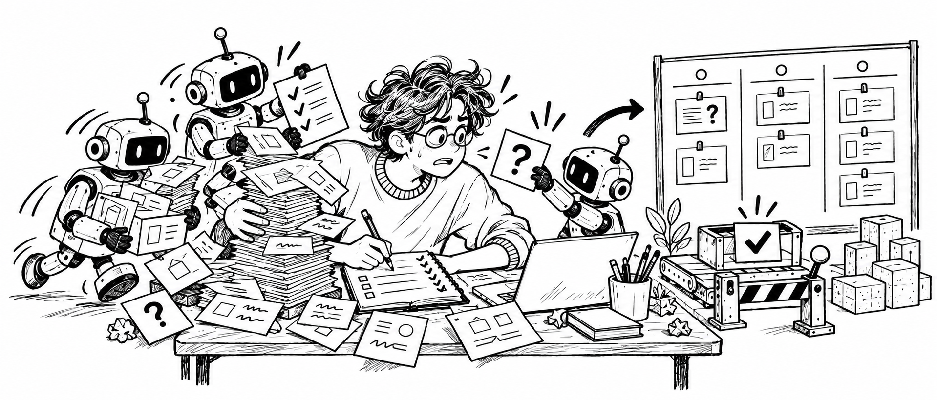Cover: an agent's scattered output passes through a task board, a testing station, and a human acceptance gate, converging into an ordered, complete project