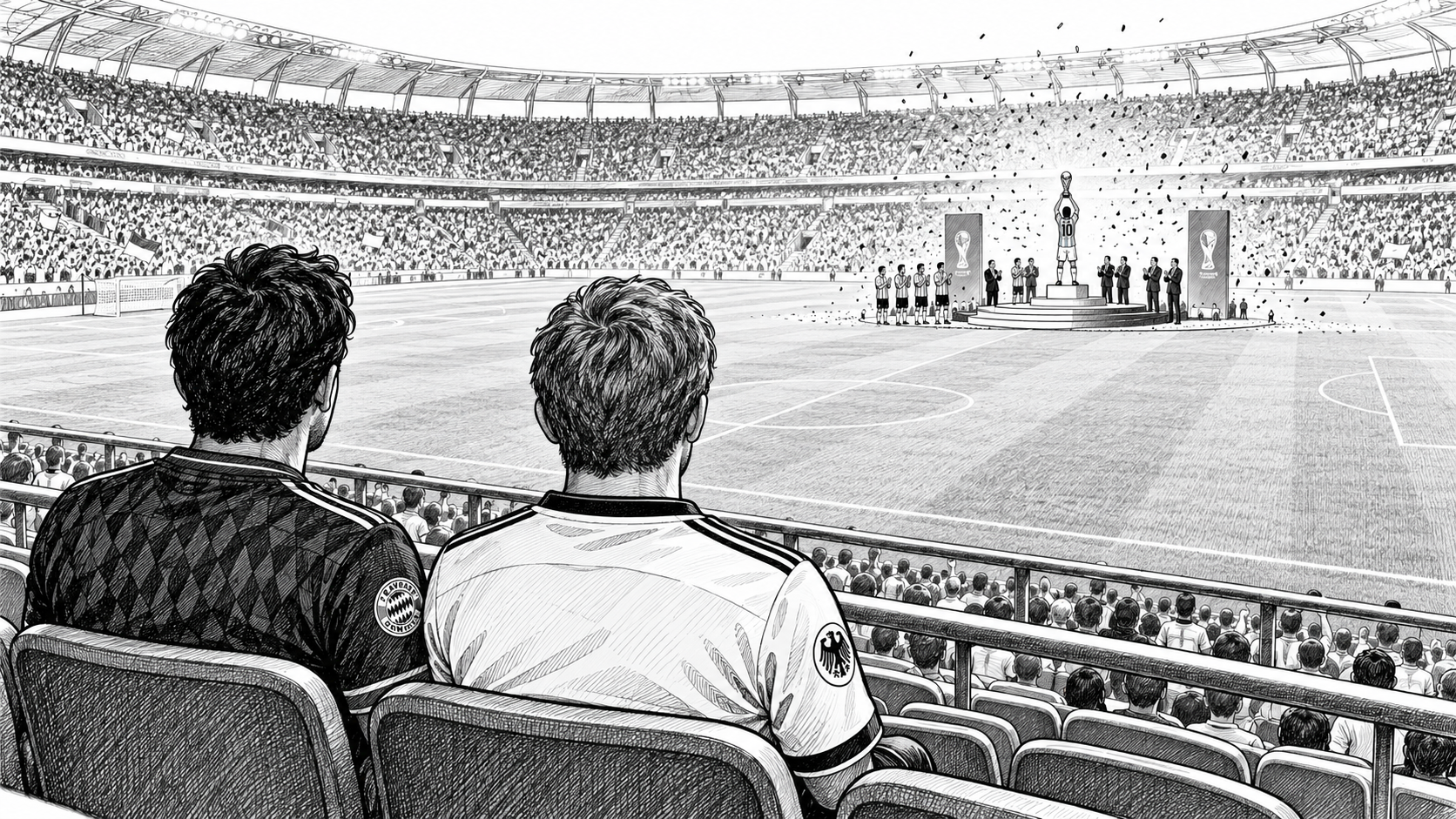 Cover: two fans in Bayern and Germany jerseys sitting side by side in the stands, watching a No. 10 lift the World Cup at a distant award ceremony